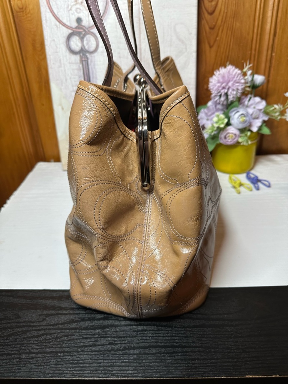 Coach Beige Patent Leather Tote with Signature Stitching - Picture 8 of 16